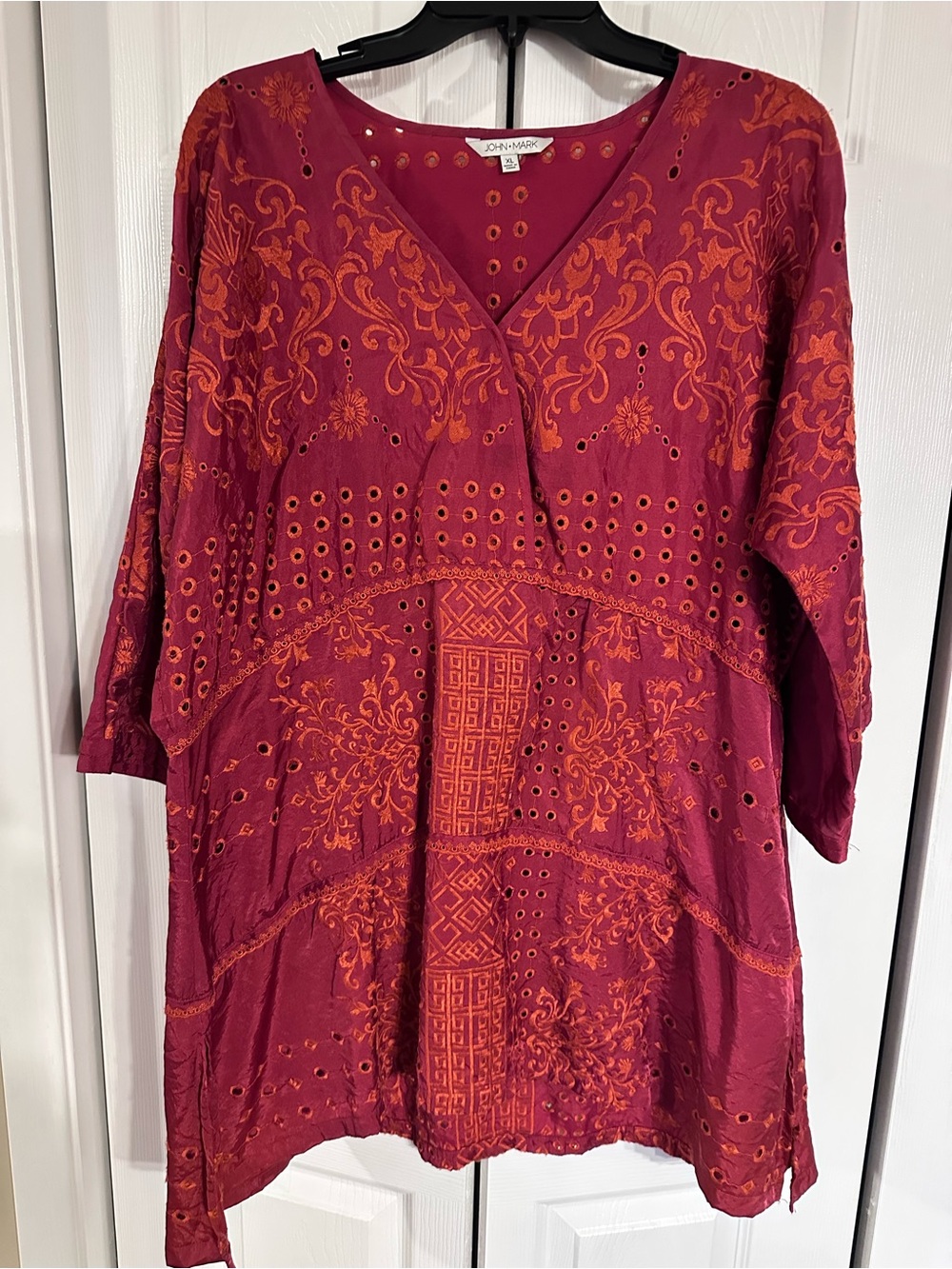 John Mark Red Embroidered V-Neck Tunic Top